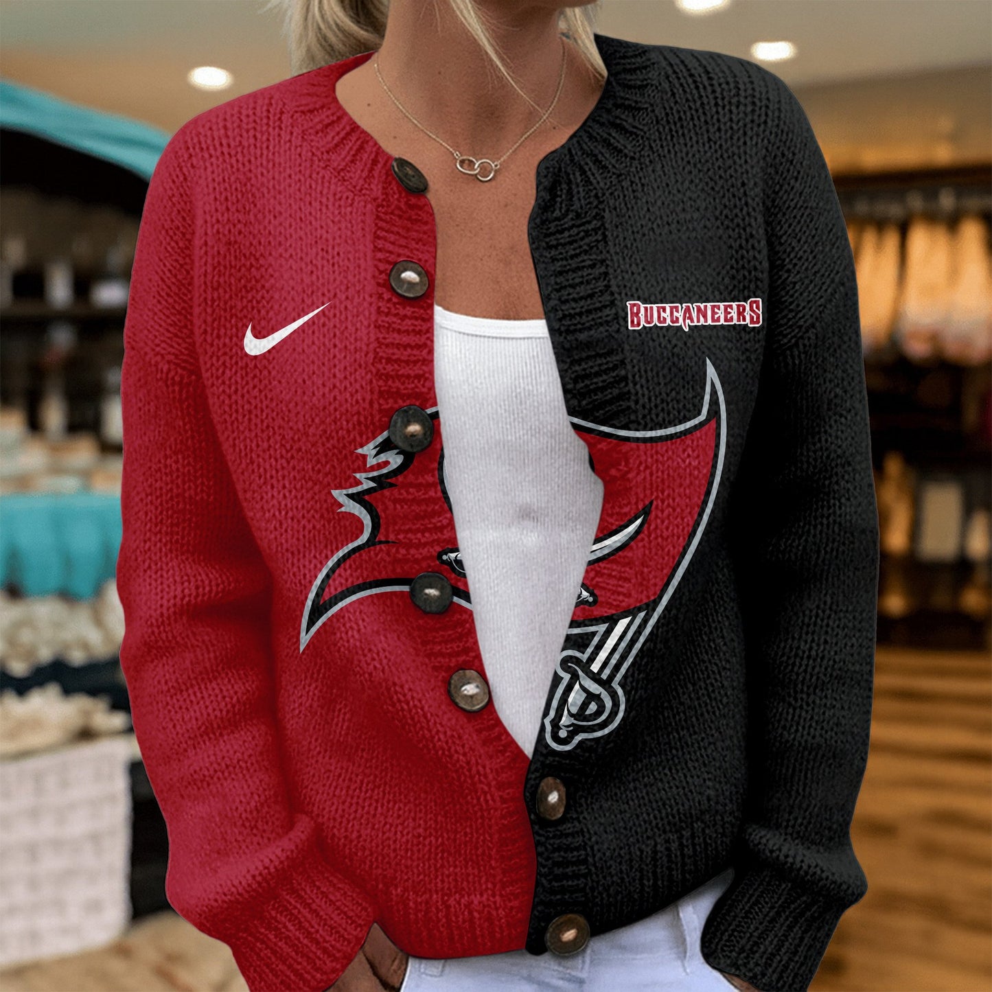 Premium NFL X TB Smart Woman Love Football Cozy Split Knit Cardigan V2 NDT NHM