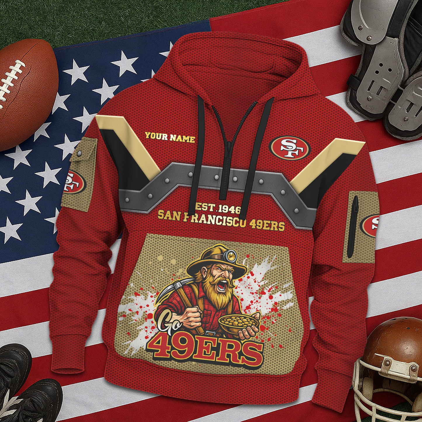 SF49 Premium NFL 3D Half Zip Hoodie DDT NTL