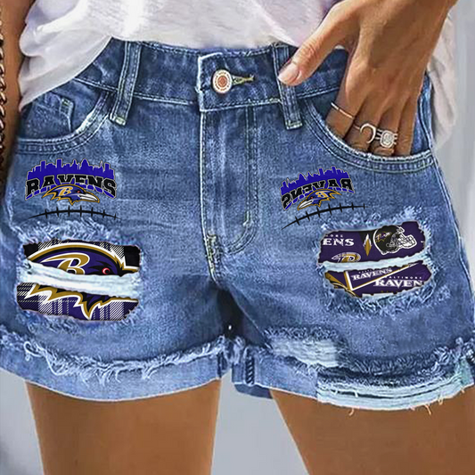 Baltimore Ravens Rip Print Fashion Denim Shorts DatND DVT