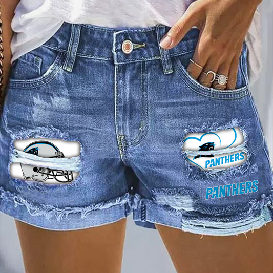 Carolina Panthers Rip Print Fashion Denim Shorts DatND DVT