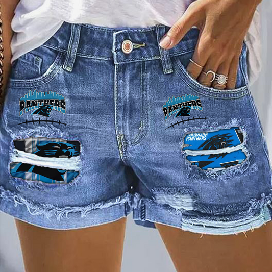 Carolina Panthers Rip Print Fashion Denim Shorts DatND DVT