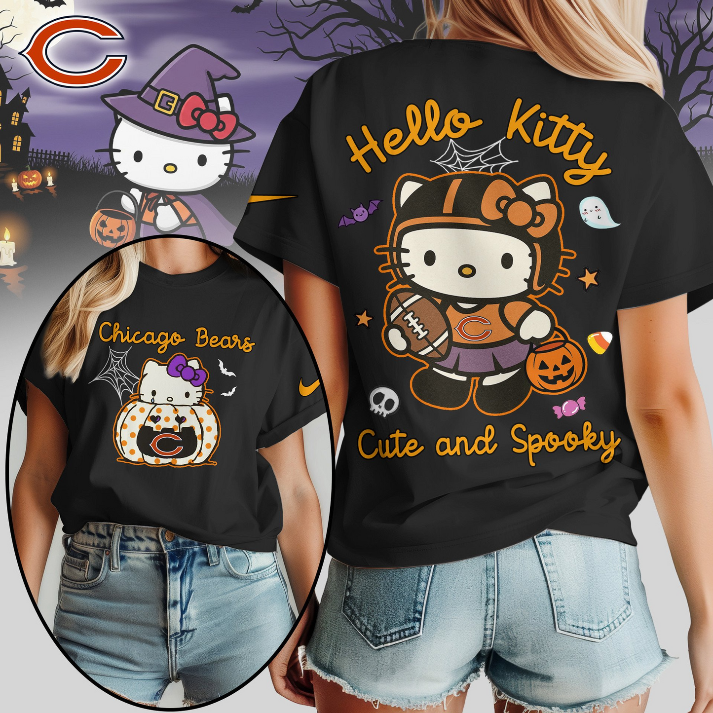 CHI Premium NFL Hello Kitty Cute & Spooky Halloween Women Shirt DDT CTND