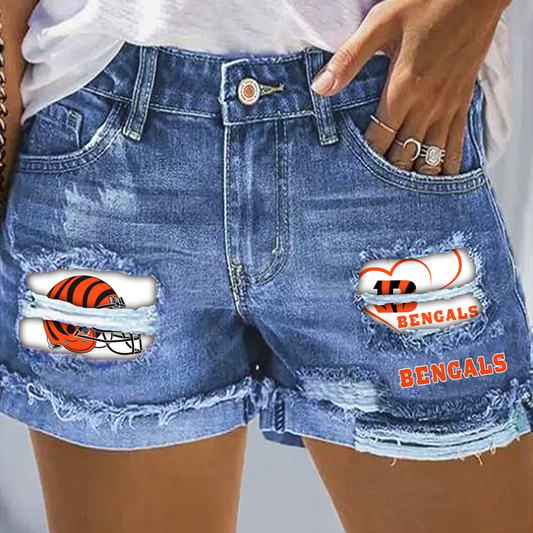 Cincinnati Bengals Rip Print Fashion Denim Shorts DatND DVT