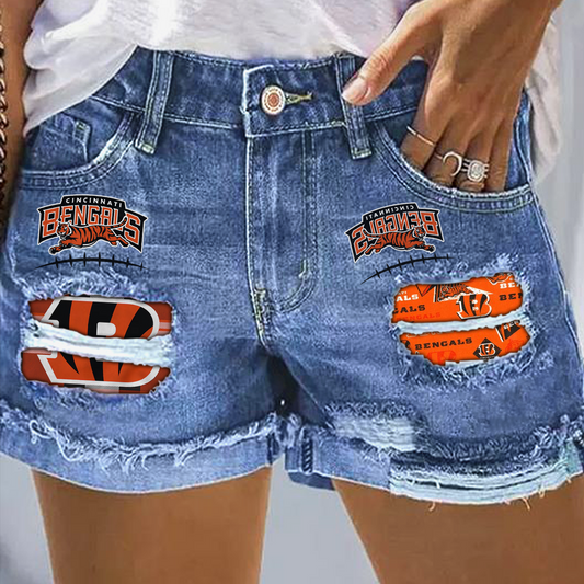 Cincinnati Bengals Rip Print Fashion Denim Shorts DatND DVT