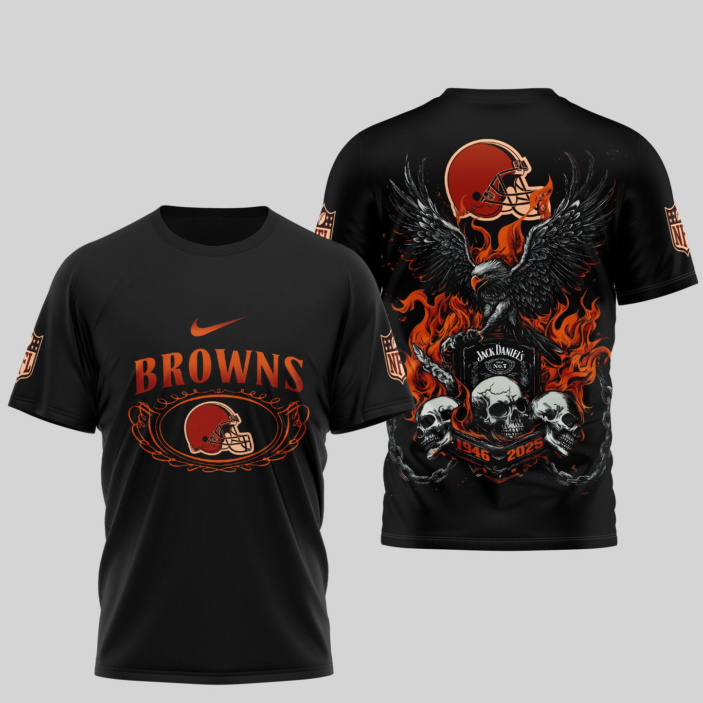CLE Premium NFL Flaming Eagle Skull T-Shirt DDT CTND
