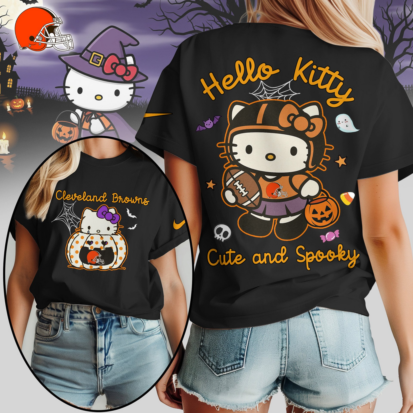 CLE Premium NFL Hello Kitty Cute & Spooky Halloween Women Shirt DDT CTND