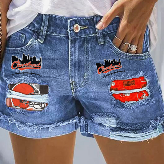 Cleveland Browns Rip Print Fashion Denim Shorts DatND DVT