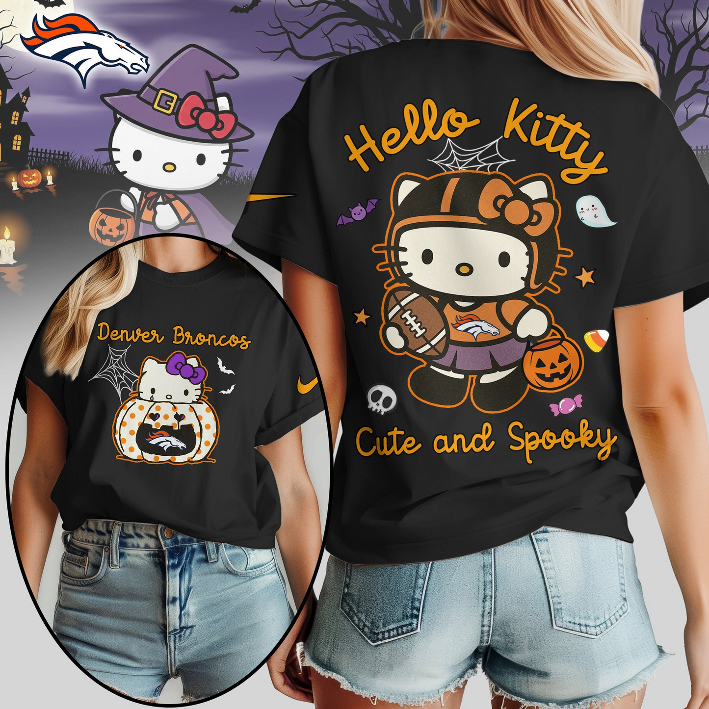 DB Premium NFL Hello Kitty Cute & Spooky Halloween Women Shirt DDT CTND