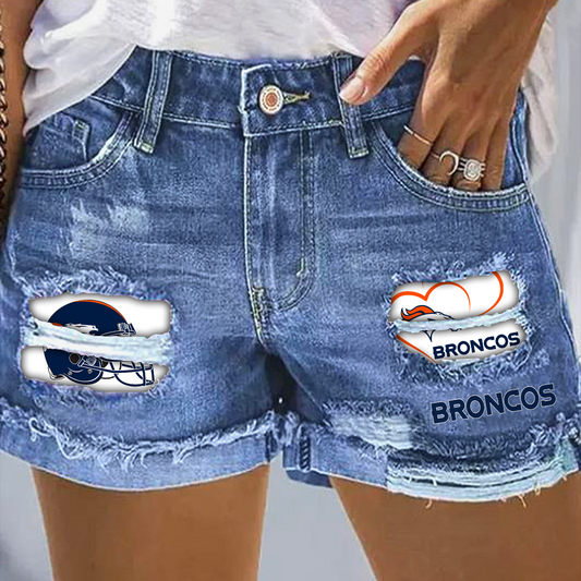 Denver Broncos Rip Print Fashion Denim Shorts DatND DVT