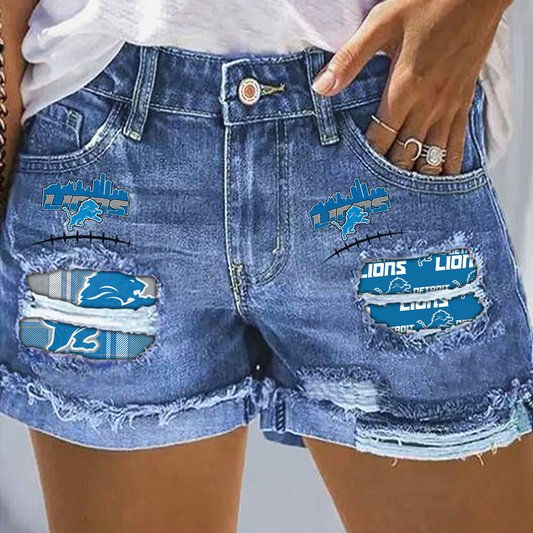 Detroit Lions Rip Print Fashion Denim Shorts DatND DVT