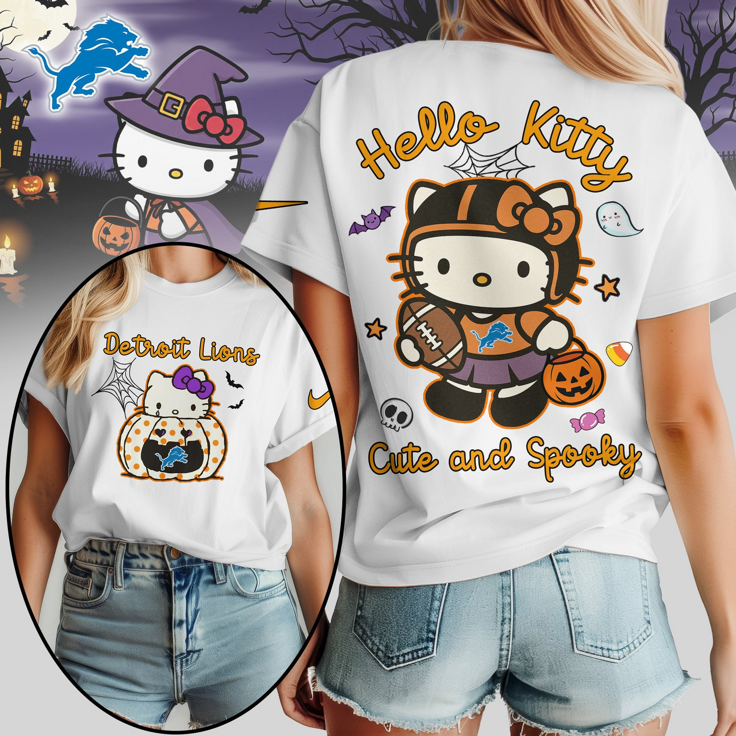 DL Premium NFL Hello Kitty Cute & Spooky Halloween Women Shirt DDT CTND