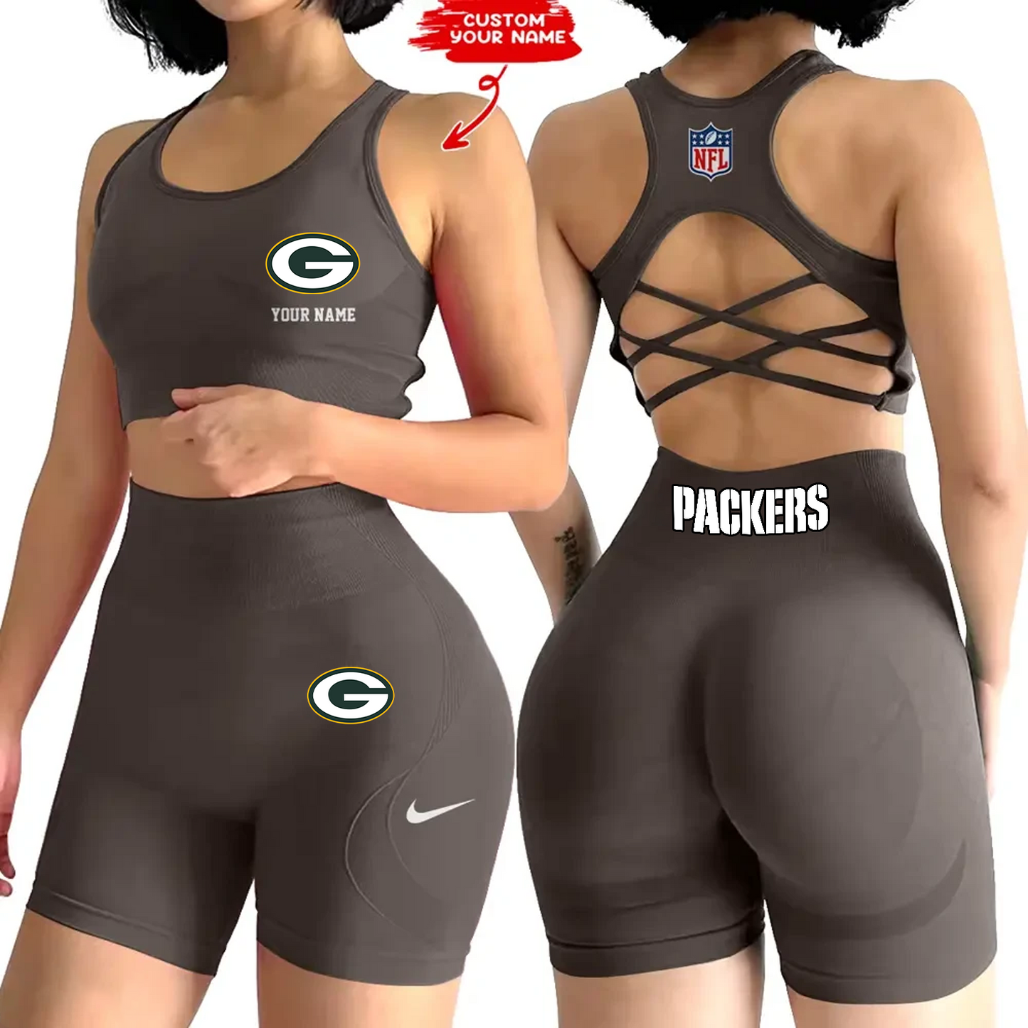 GB x NFL 2-PCS Women's Seamless Yoga Set Sexy Sport Bra High Waist Sports Shorts DATND TANTD