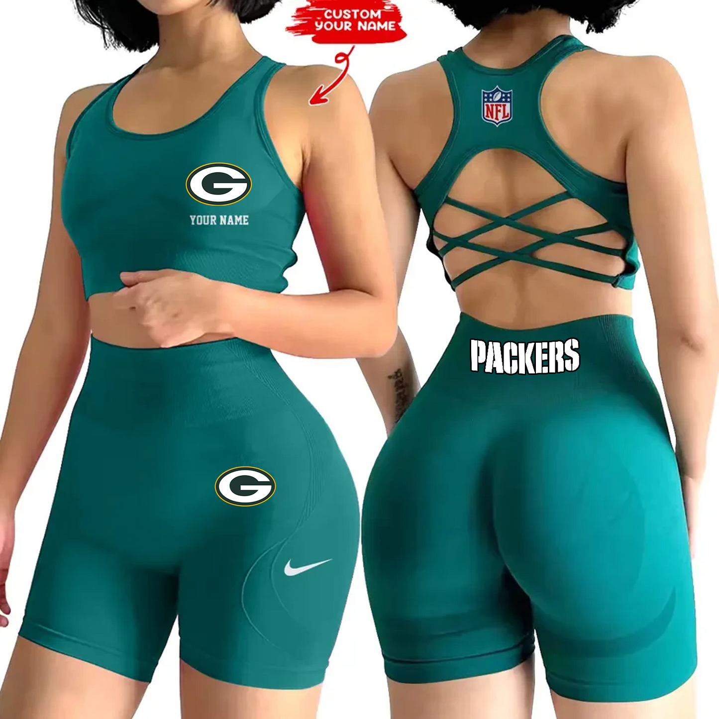 GB x NFL 2-PCS Women's Seamless Yoga Set Sexy Sport Bra High Waist Sports Shorts DATND TANTD
