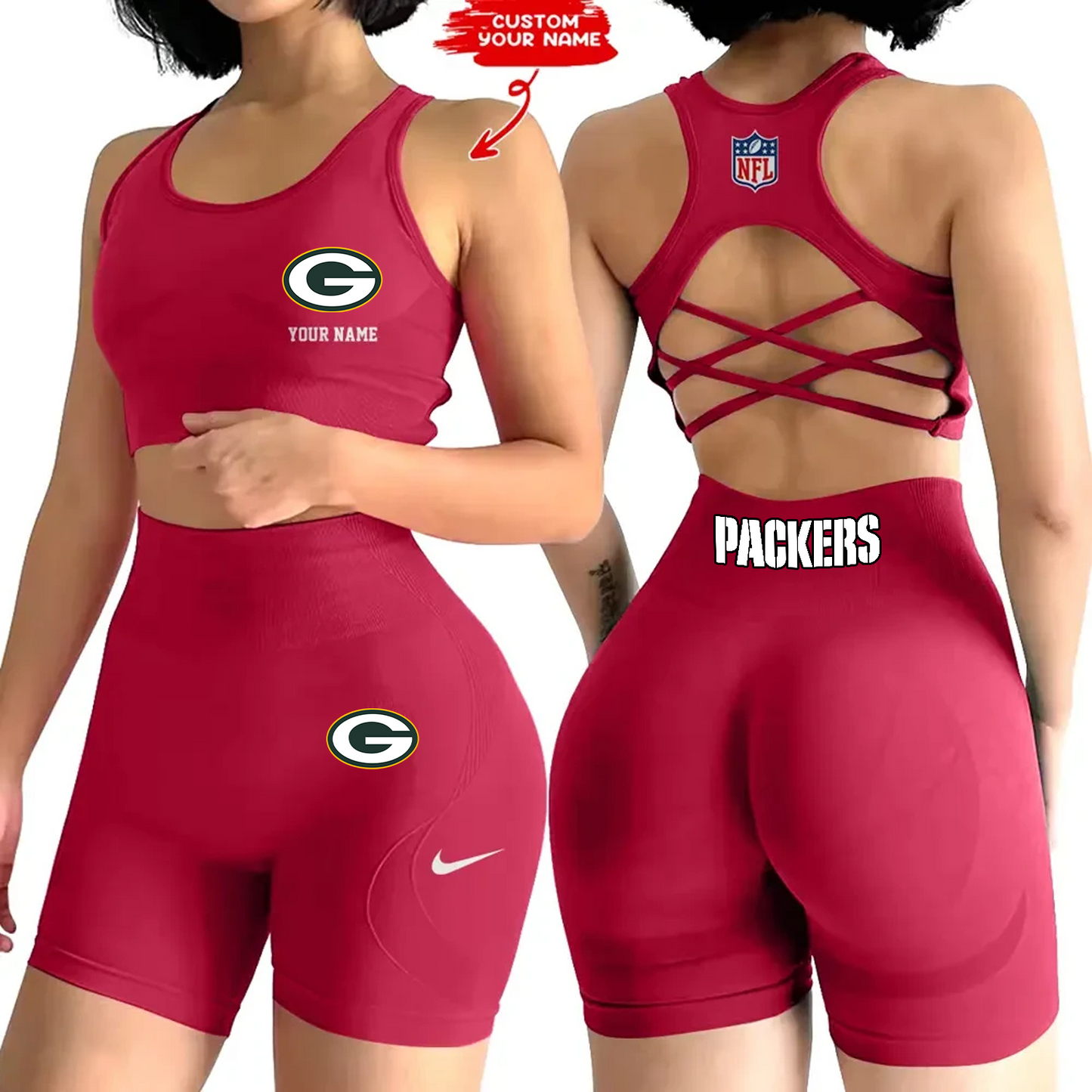 GB x NFL 2-PCS Women's Seamless Yoga Set Sexy Sport Bra High Waist Sports Shorts DATND TANTD