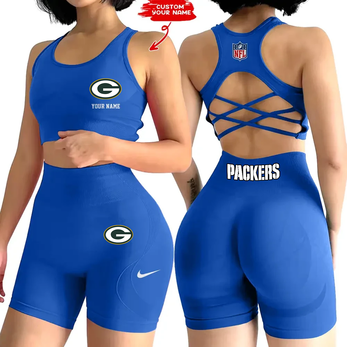GB x NFL 2-PCS Women's Seamless Yoga Set Sexy Sport Bra High Waist Sports Shorts DATND TANTD