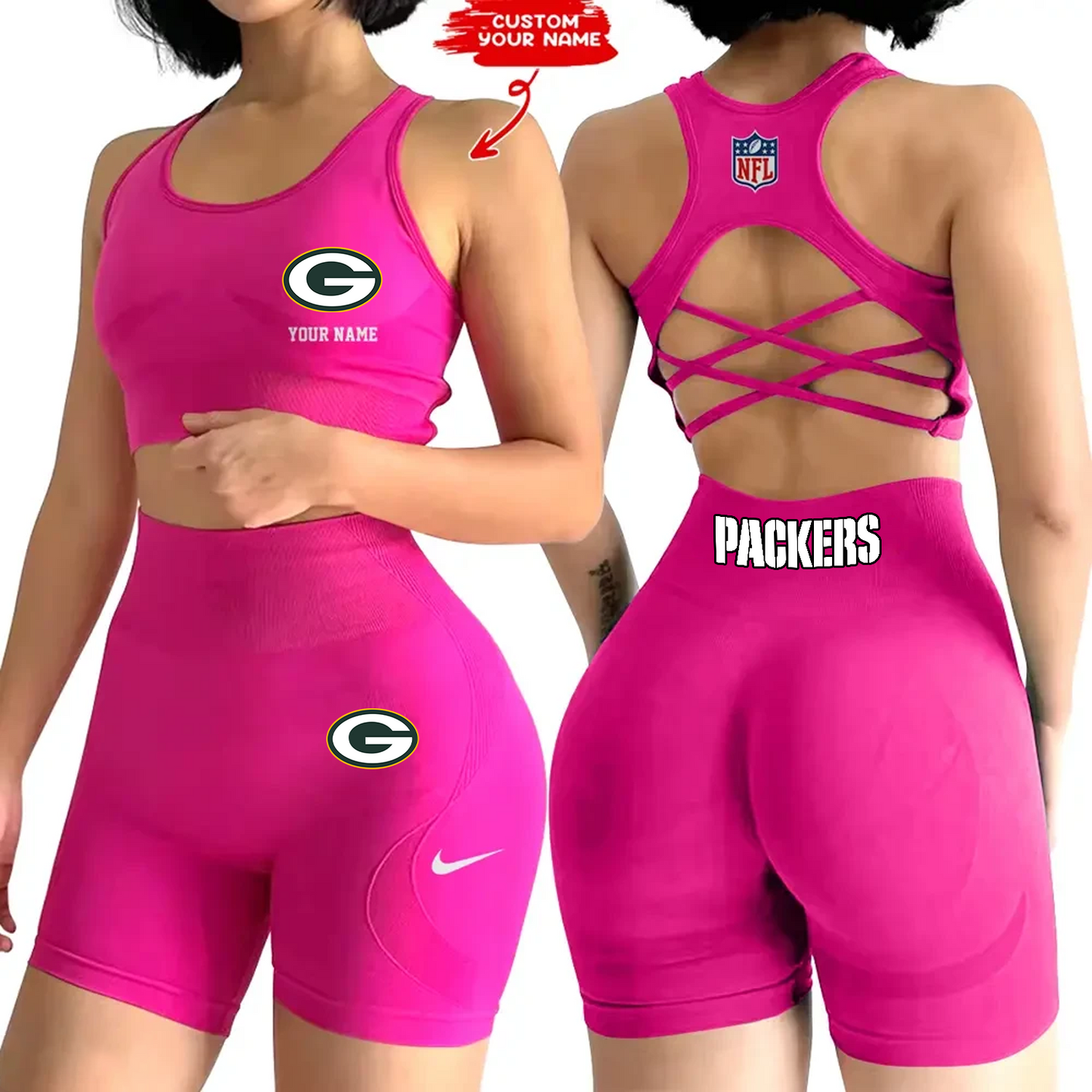 GB x NFL 2-PCS Women's Seamless Yoga Set Sexy Sport Bra High Waist Sports Shorts DATND TANTD