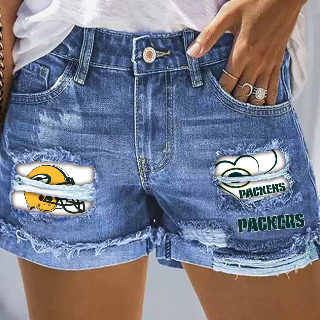 Green Bay Packers Rip Print Fashion Denim Shorts DatND DVT