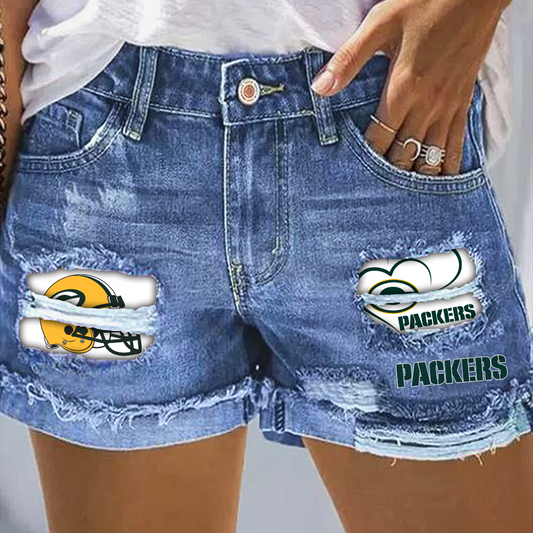 Green Bay Packers Rip Print Fashion Denim Shorts DatND DVT