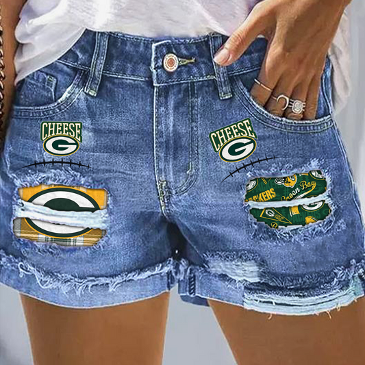 Green Bay Packers Rip Print Fashion Denim Shorts DatND DVT