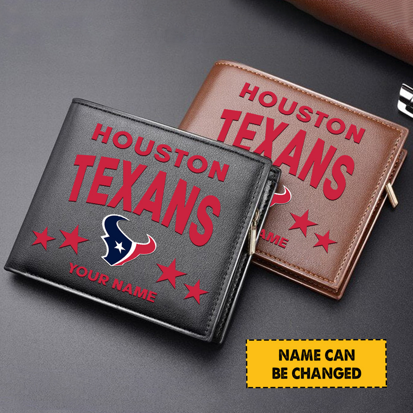 HOU Football Leather Man Black Brown Wallet Personalized Any Name DATND TANTD
