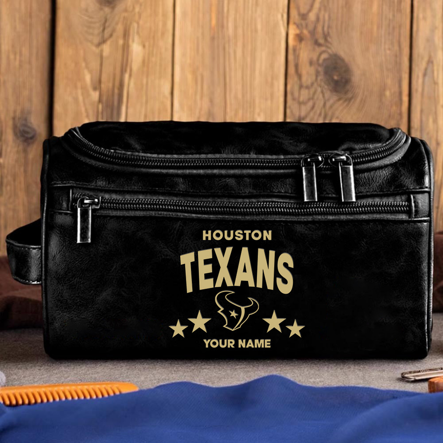 HOU Football Men Leather Toiletry Bag Custom Any Name DATND TANTD