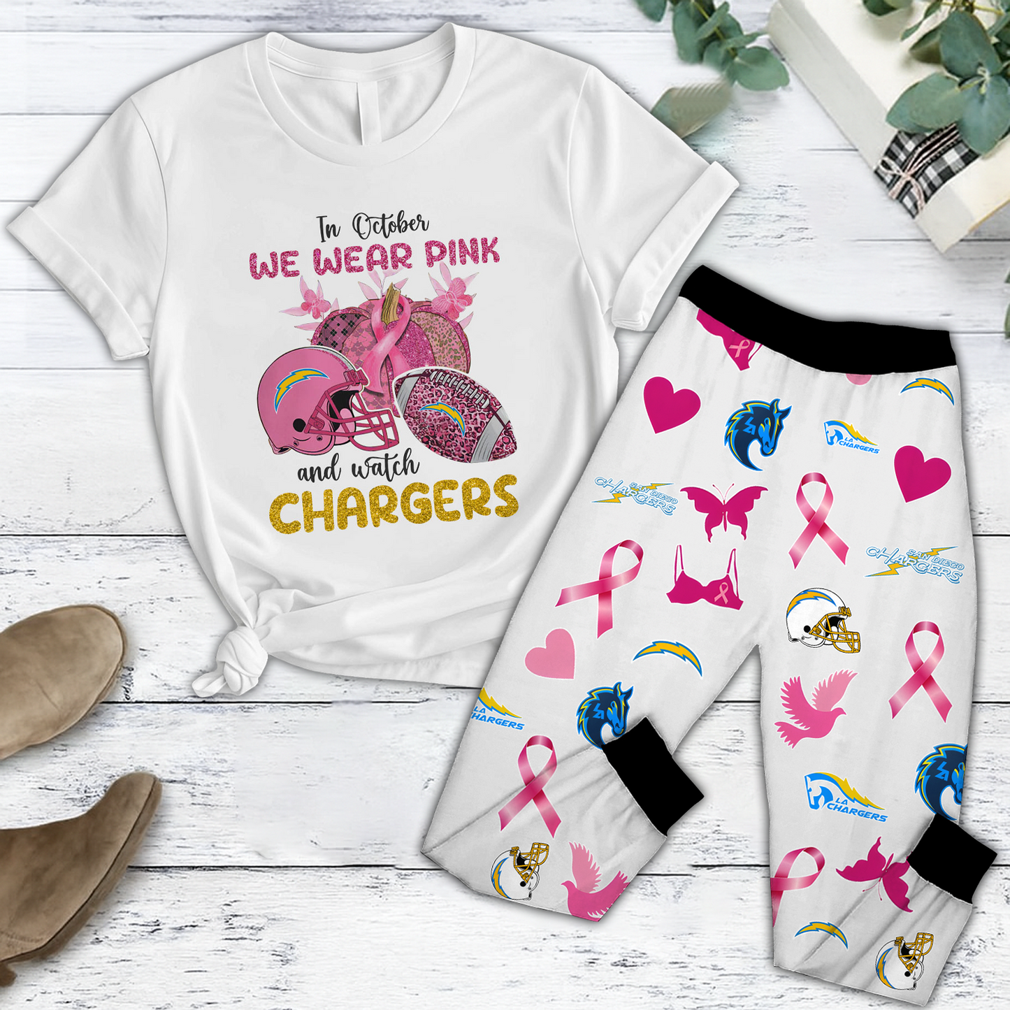 In October We Wear Pink And Watch LAC NFL Pajamas Set DatND DVT