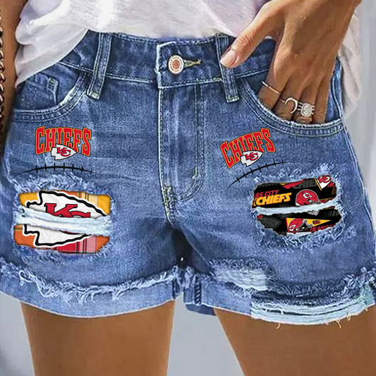 Kansas City Chiefs Rip Print Fashion Denim Shorts DatND DVT