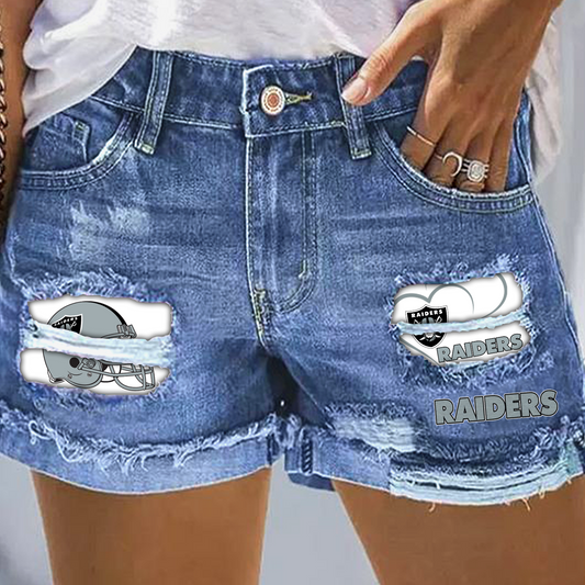 Las Vegas Raiders Rip Print Fashion Denim Shorts DatND DVT