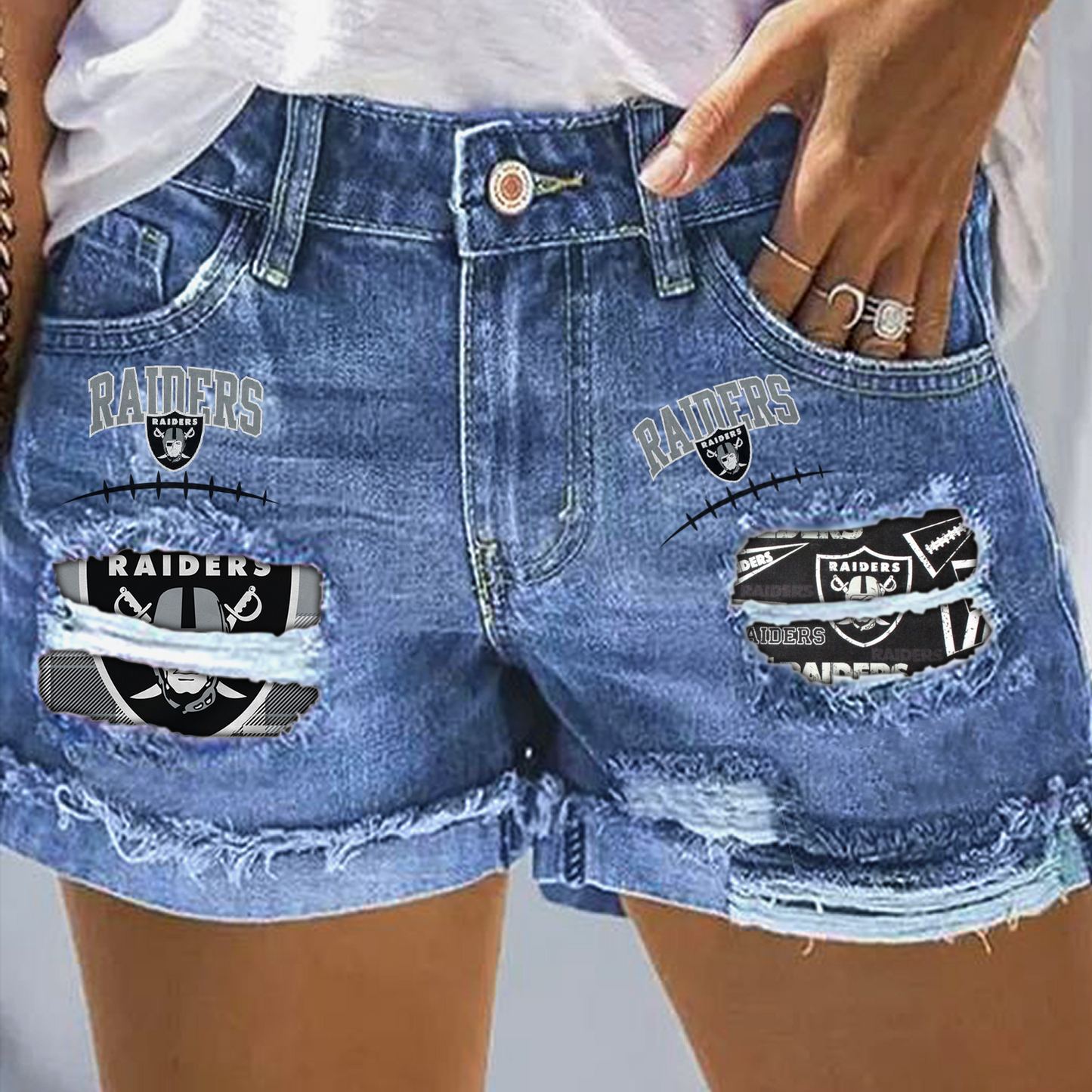 Las Vegas Raiders Rip Print Fashion Denim Shorts DatND DVT
