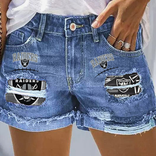 Las Vegas Raiders Rip Print Fashion Denim Shorts DatND DVT