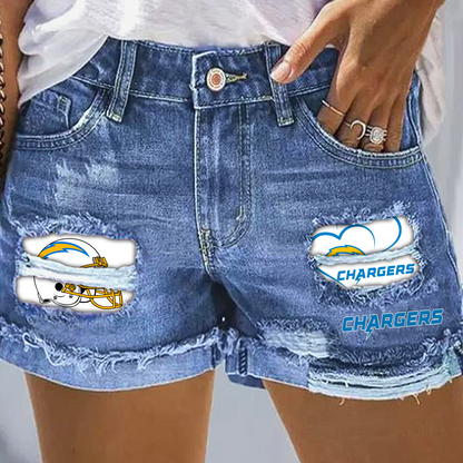 Los Angeles Chargers Rip Print Fashion Denim Shorts DatND DVT
