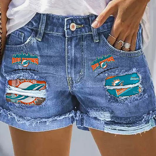 Miami Dolphins Rip Print Fashion Denim Shorts DatND DVT