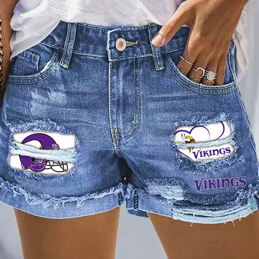 Minnesota Vikings Rip Print Fashion Denim Shorts DatND DVT