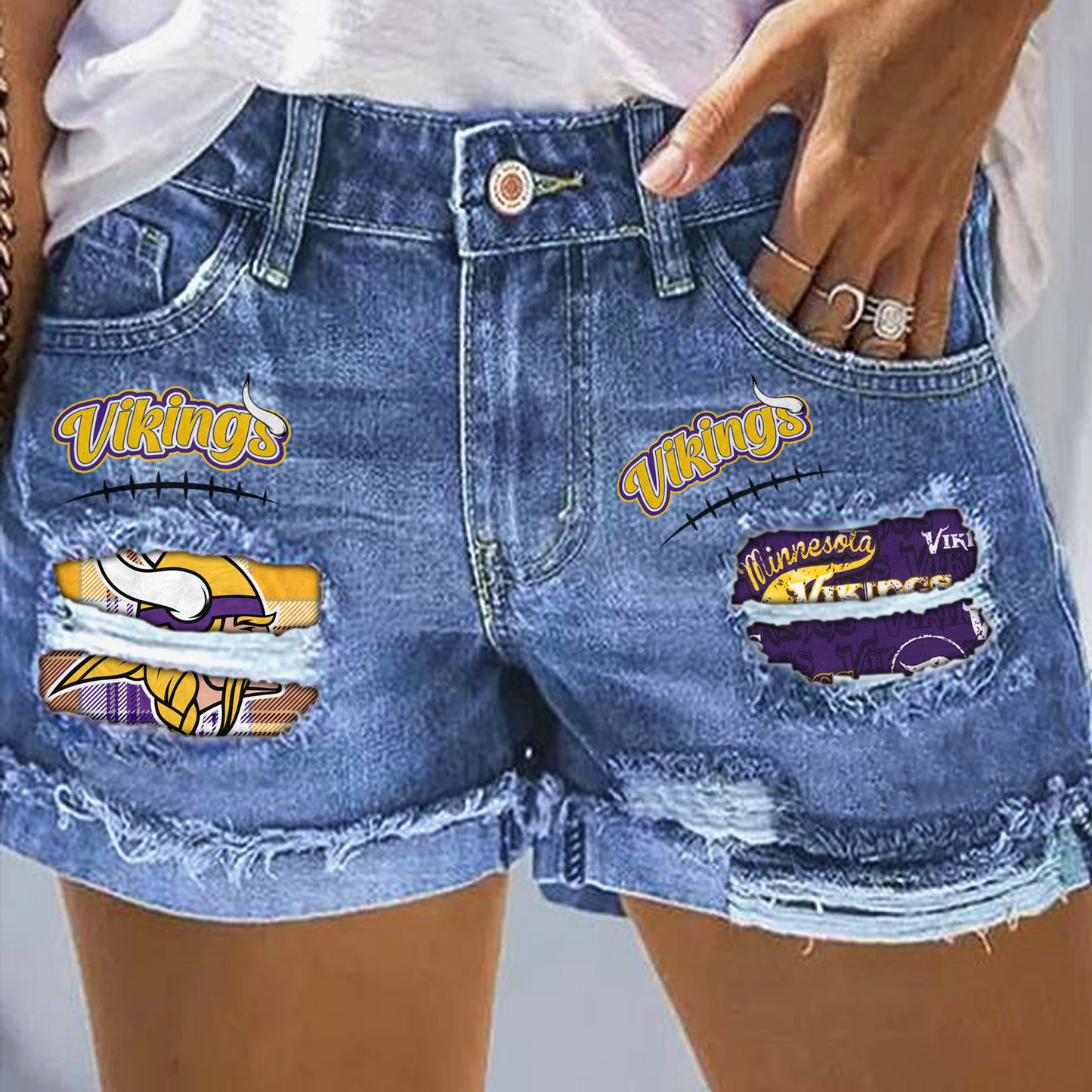 Minnesota Vikings Rip Print Fashion Denim Shorts DatND DVT