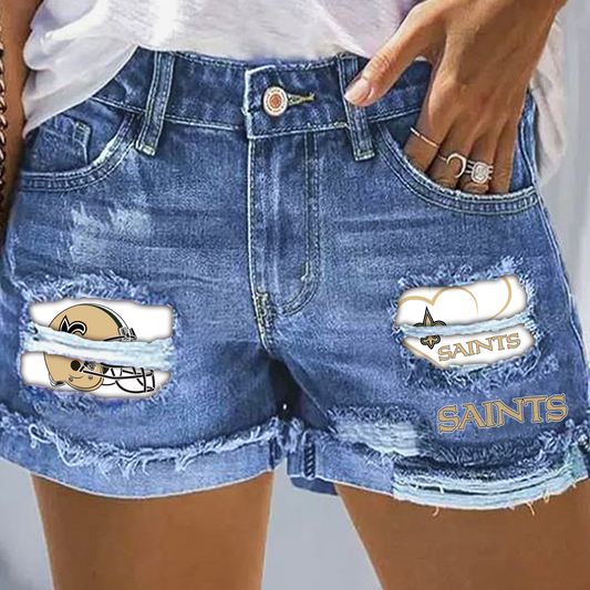 New Orleans Saints Rip Print Fashion Denim Shorts DatND DVT