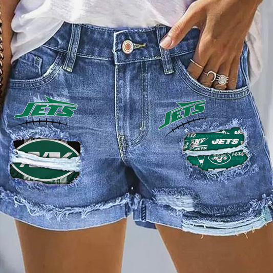 New York Jets Rip Print Fashion Denim Shorts DatND DVT