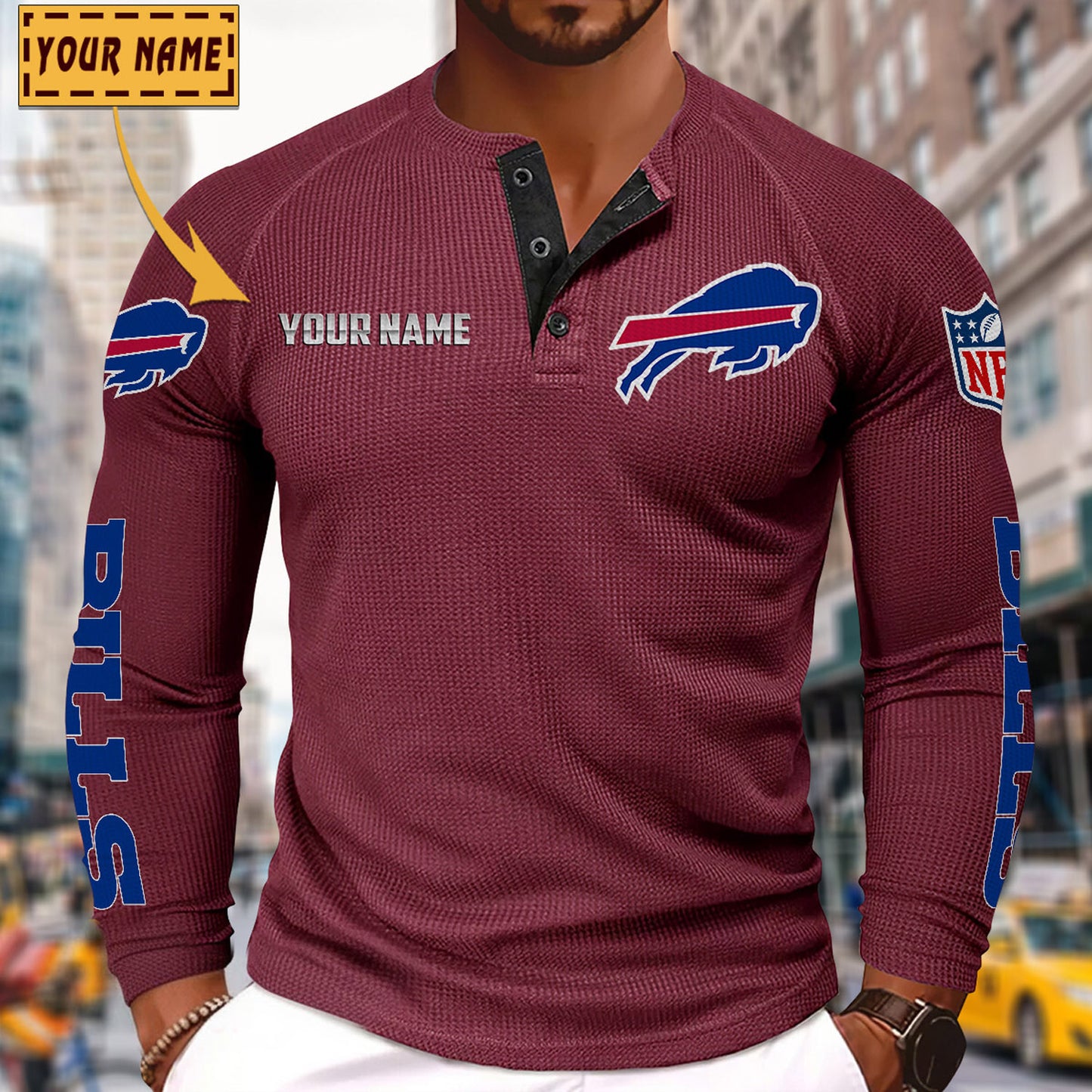 NFL x BUF Solid color long sleeve bottoming shirt henley shirt V1 NAK NHM
