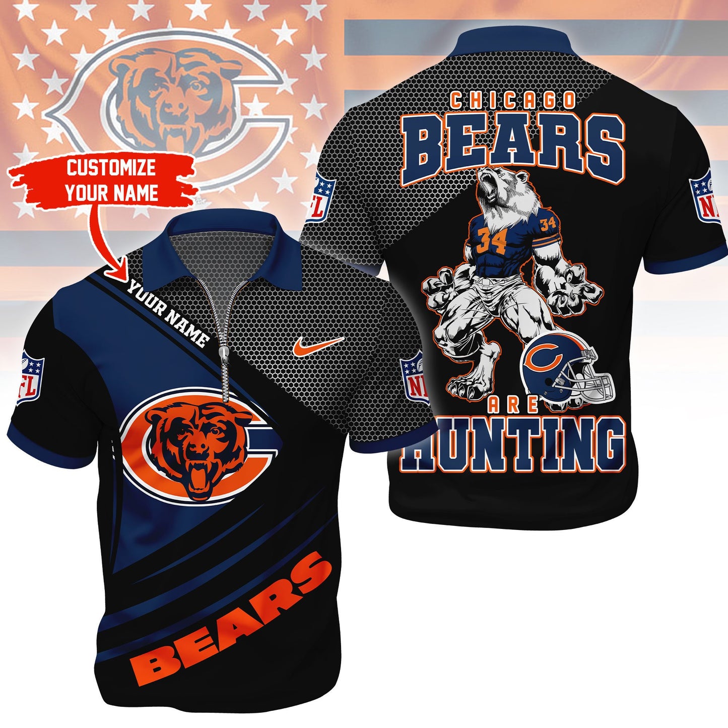 NFL x CHI Game Day Personalized Polo With Zipper Shirt HLP