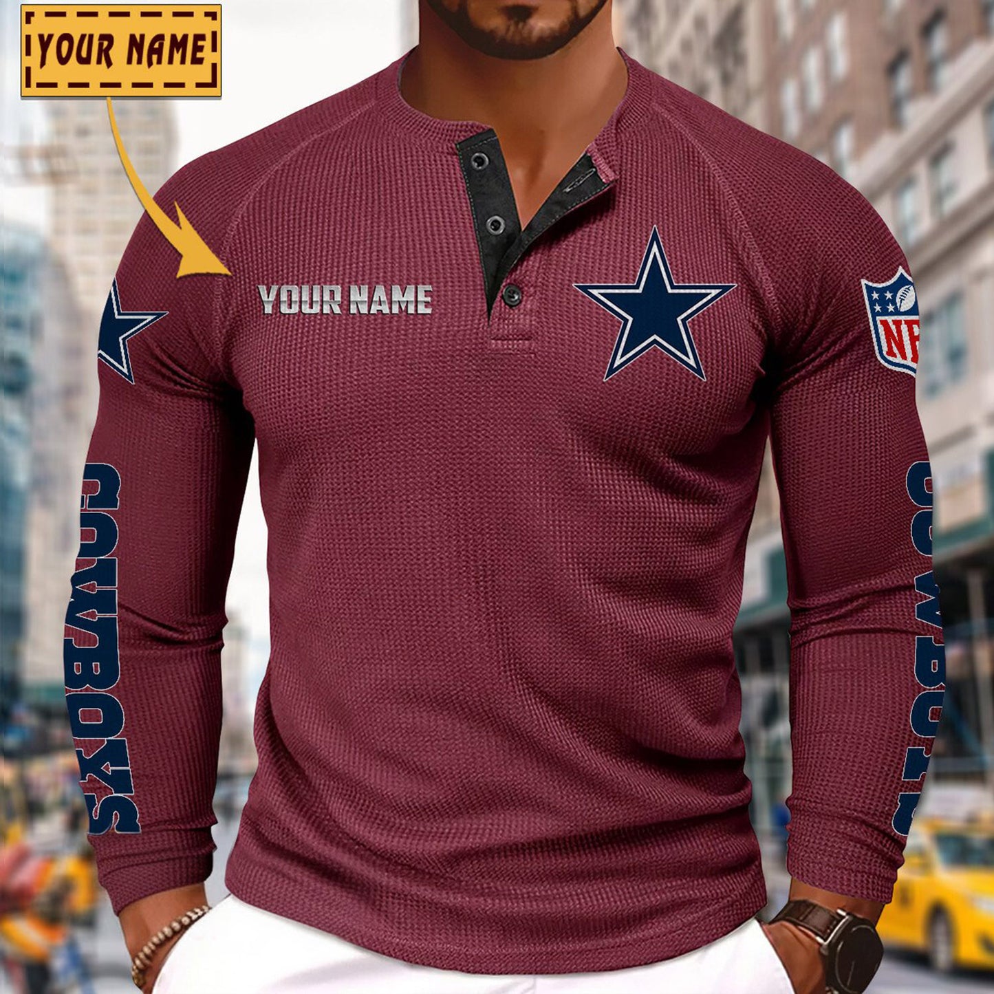 NFL x DAL Solid color long sleeve bottoming shirt henley shirt V1 NAK NHM