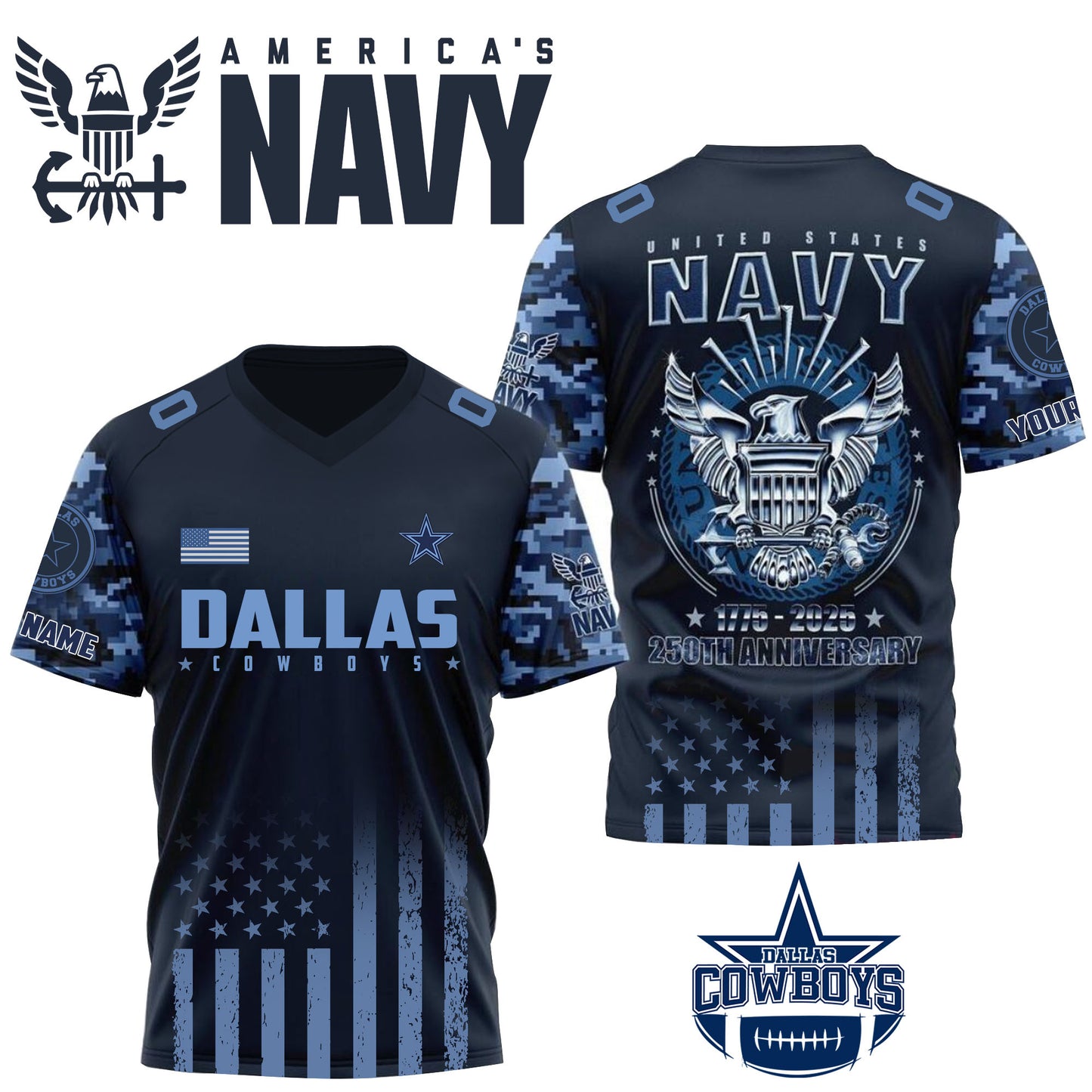 NFL x DAL U.S Navy 250th Celebration Premium-V-neck Short Sleeve Jersey HLP 271025