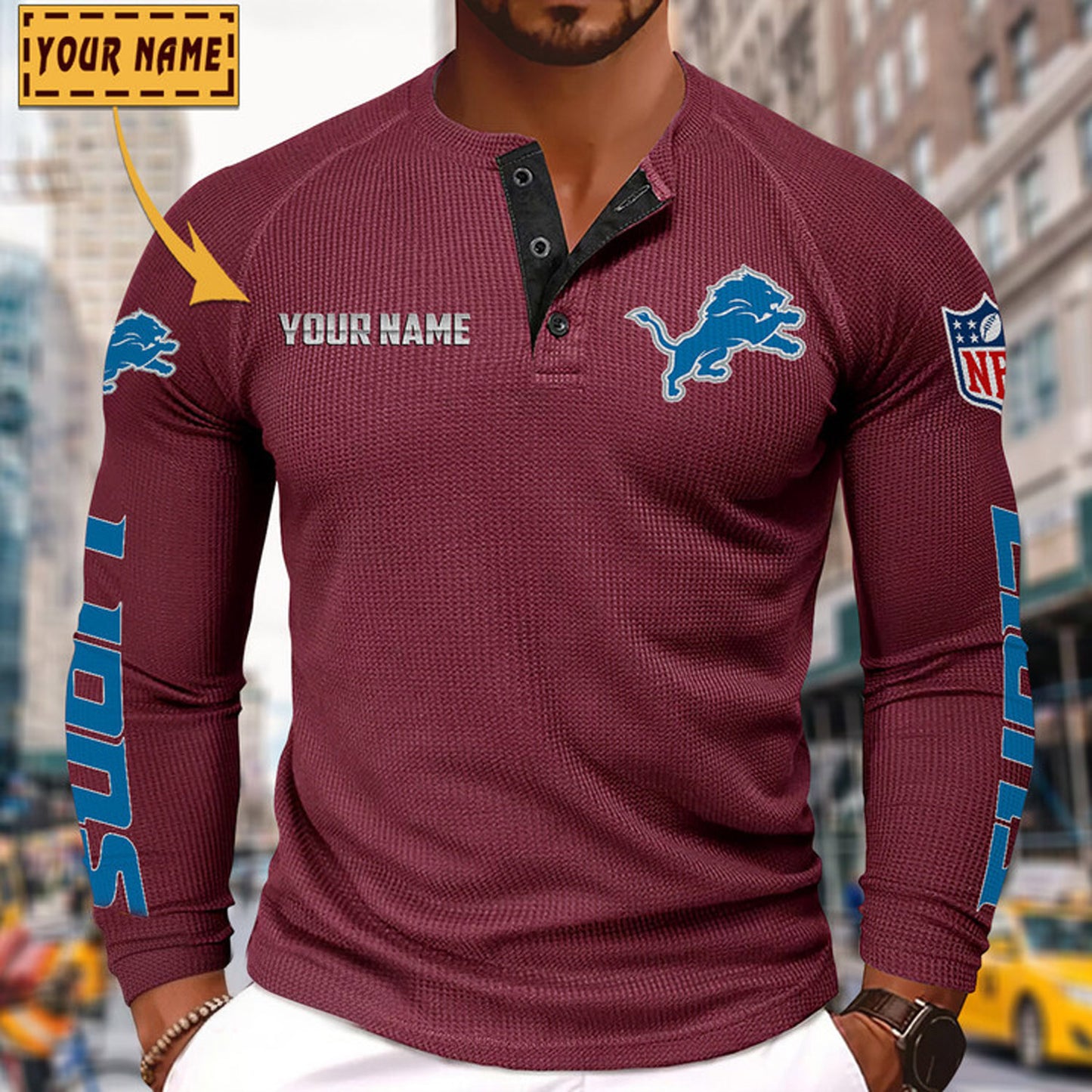 NFL x DET Solid color long sleeve bottoming shirt henley shirt V1 NAK NHM