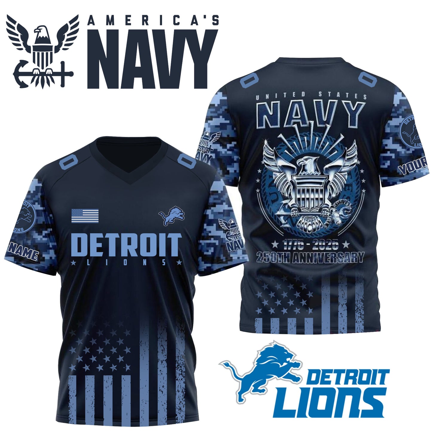 NFL x DET U.S Navy 250th Celebration Premium-V-neck Short Sleeve Jersey HLP 271025