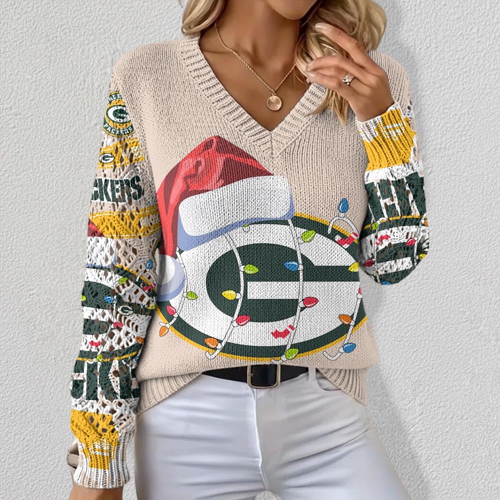 NFL x GB Christmas Crochet Sleeve V-Neck Sweater HLP