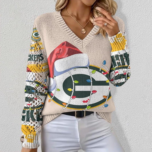 NFL x GB Christmas Crochet Sleeve V-Neck Sweater HLP