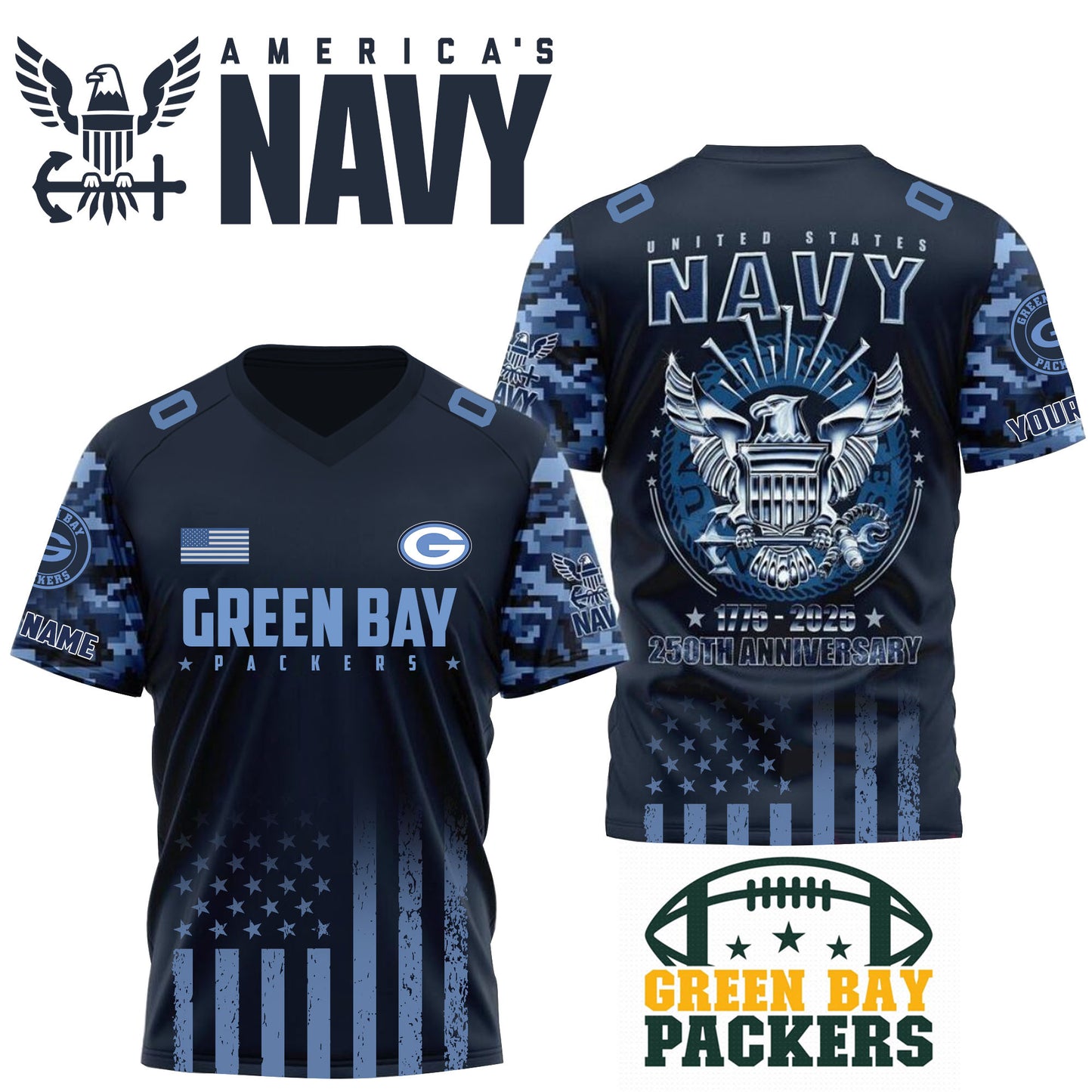 NFL x GB U.S Navy 250th Celebration Premium-V-neck Short Sleeve Jersey HLP 271025