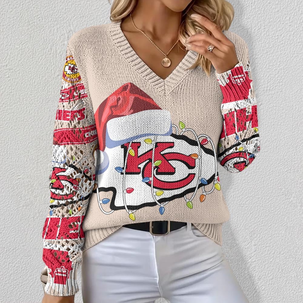 NFL x KC Christmas Crochet Sleeve V-Neck Sweater HLP