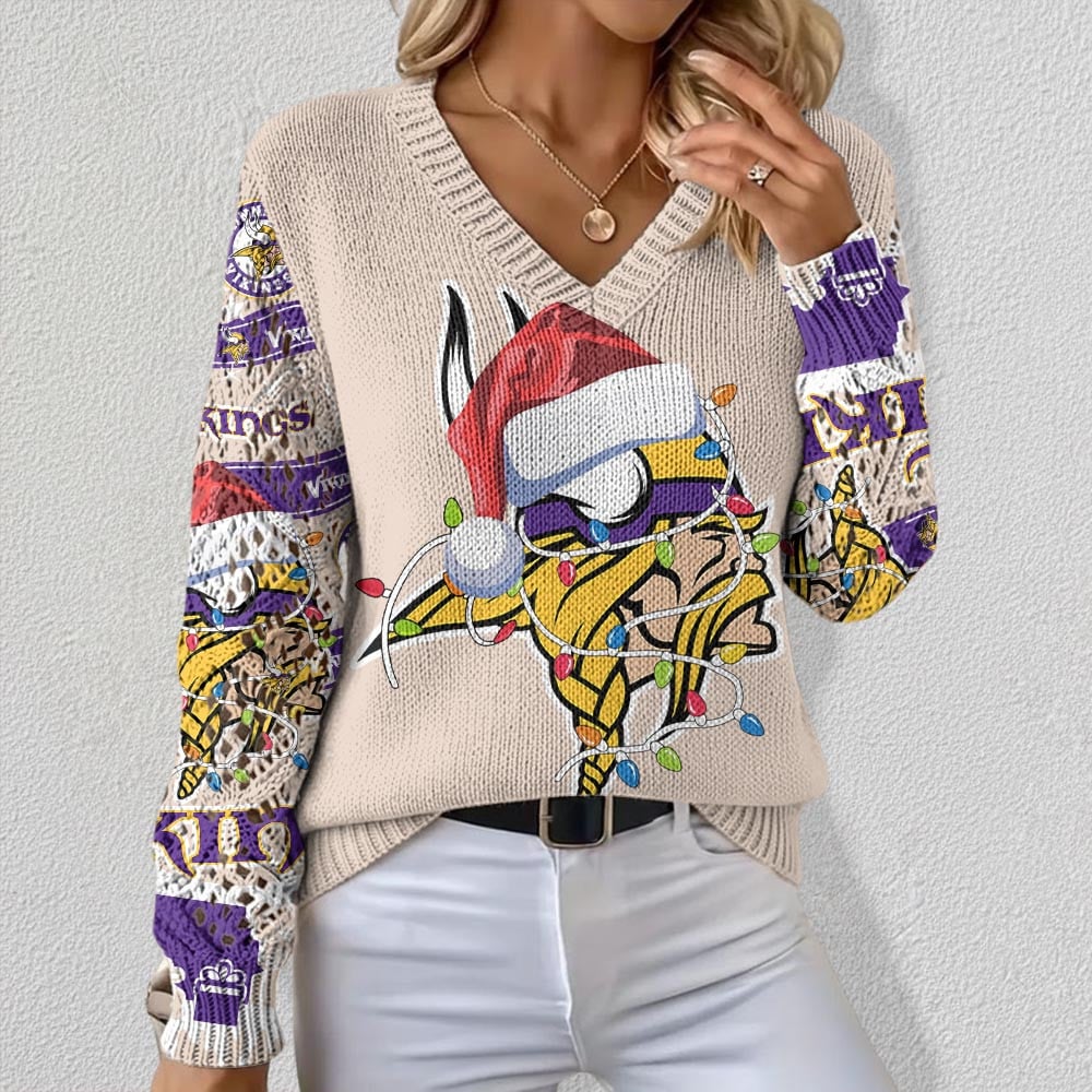 NFL x MIN Christmas Crochet Sleeve V-Neck Sweater HLP