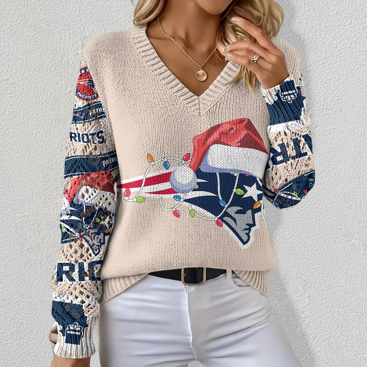 NFL x NE Christmas Crochet Sleeve V-Neck Sweater HLP