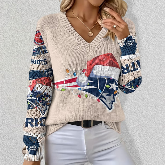 NFL x NE Christmas Crochet Sleeve V-Neck Sweater HLP
