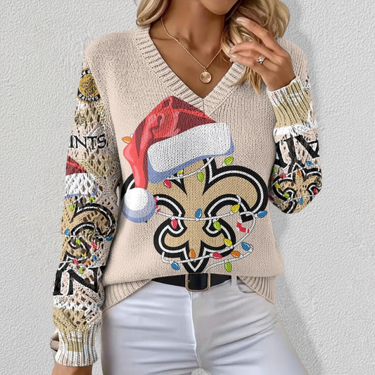 NFL x NO Christmas Crochet Sleeve V-Neck Sweater HLP